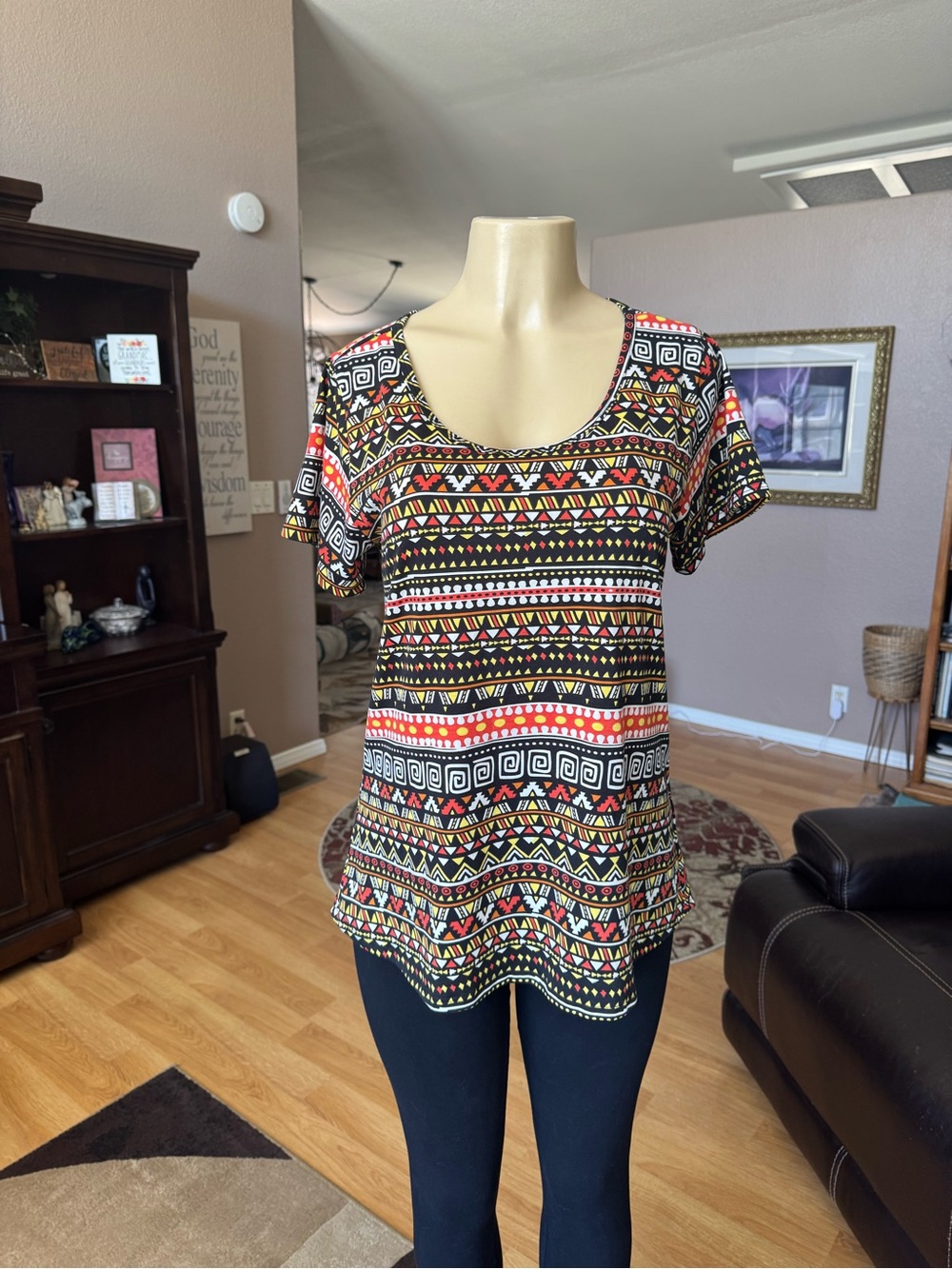 Lularoe black, red, white & yellow scoop neckline blouse/size M